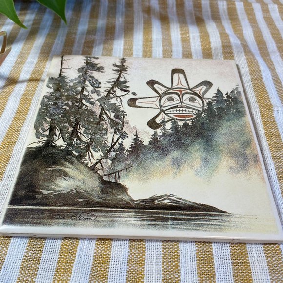 Vintage THE SUN By Sue Coleman Native Design Tile And Cork Trivet Wall Hanging - Picture 1 of 5